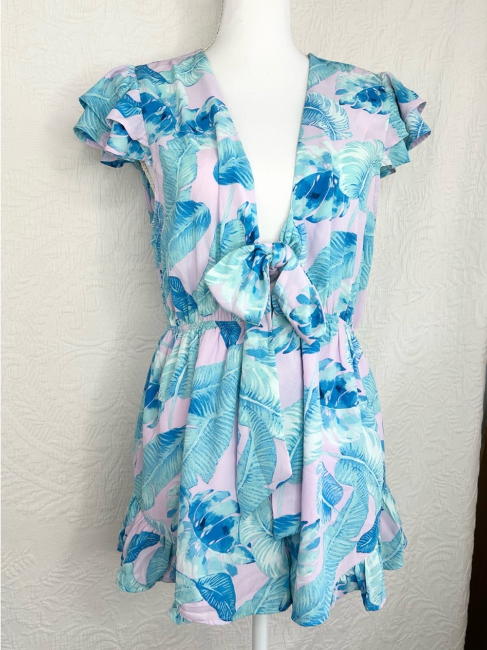 Buddy Love Romper Short Palm Leaf Tropical Print Turquoise Lilac Size Medium